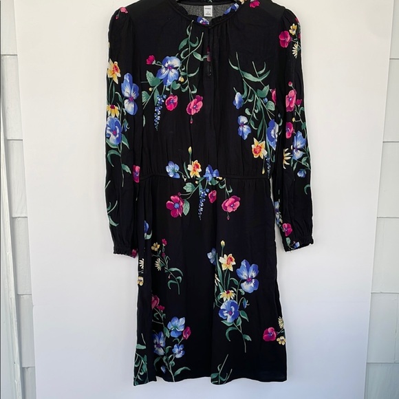 Old Navy Pink and Blue Floral Long Sleeve Black Dress with Ruffled Collar Small - Picture 5 of 12